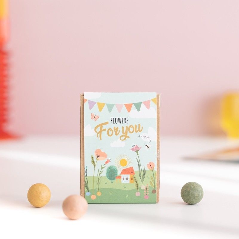 Doosje met vier zaaibommetjes met biologische wilde zaden met de tekst for you erop