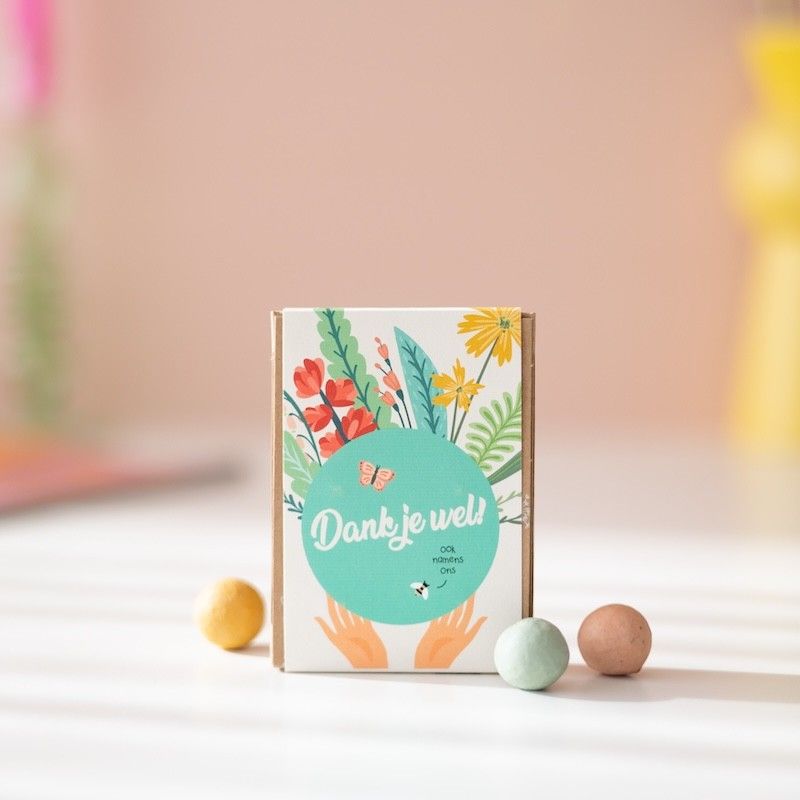 Doosje met vier zaaibommetjes met biologische wilde bloemzaden met de tekst dankjewel erop
