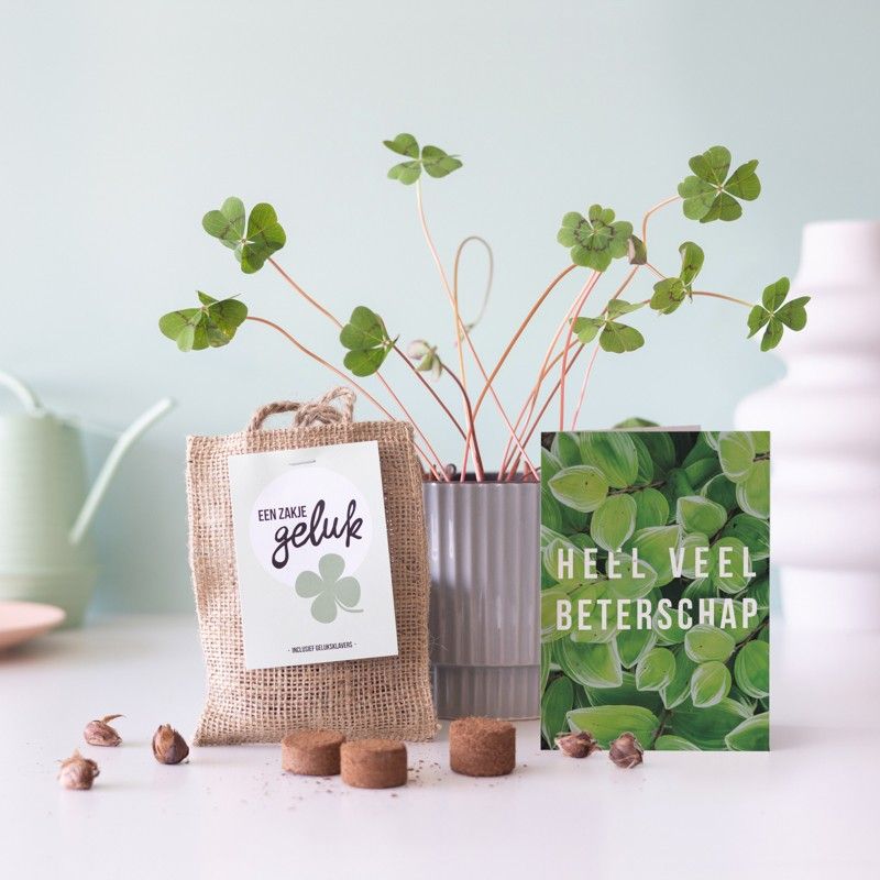 Een jute zakje met het label 'Een zakje geluk', gevuld met klavertje vier bollen, liggend in de verpakking.