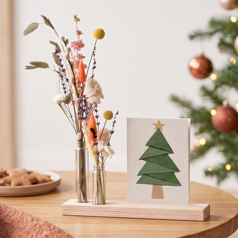 Droogbloemen close-up met kerstboom op de achtergrond