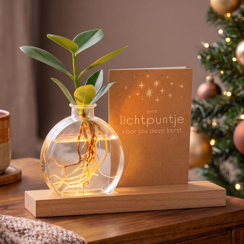 Doorzichtig vaasje met lichtgevend plantje erin