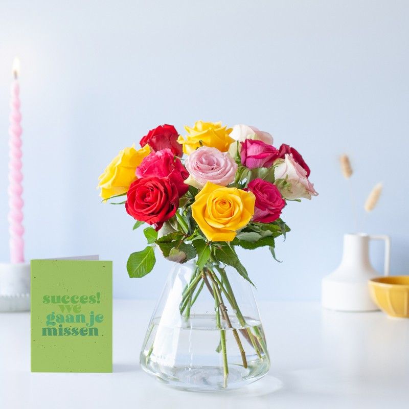 Brievenbuspakketje met rozen in geel, roze en rode tinten