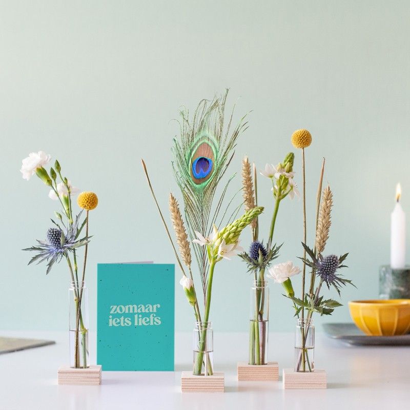 Brievenbuspakketje met vier vaasjes in houten blokjes met verschillende bloemen en een pauwenveer
