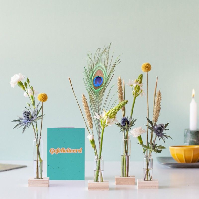 Brievenbuspakketje met vier vaasjes in houten blokjes met verschillende bloemen en een pauwenveer