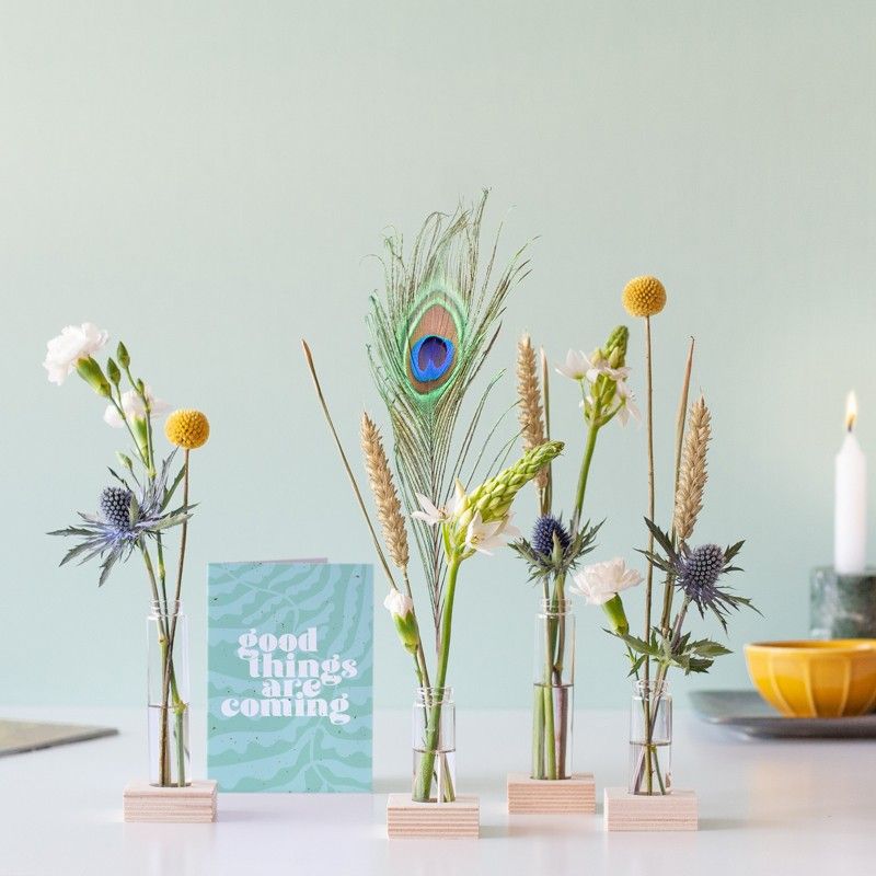 Brievenbuspakketje met vier vaasjes in houten blokjes met verschillende bloemen en een pauwenveer