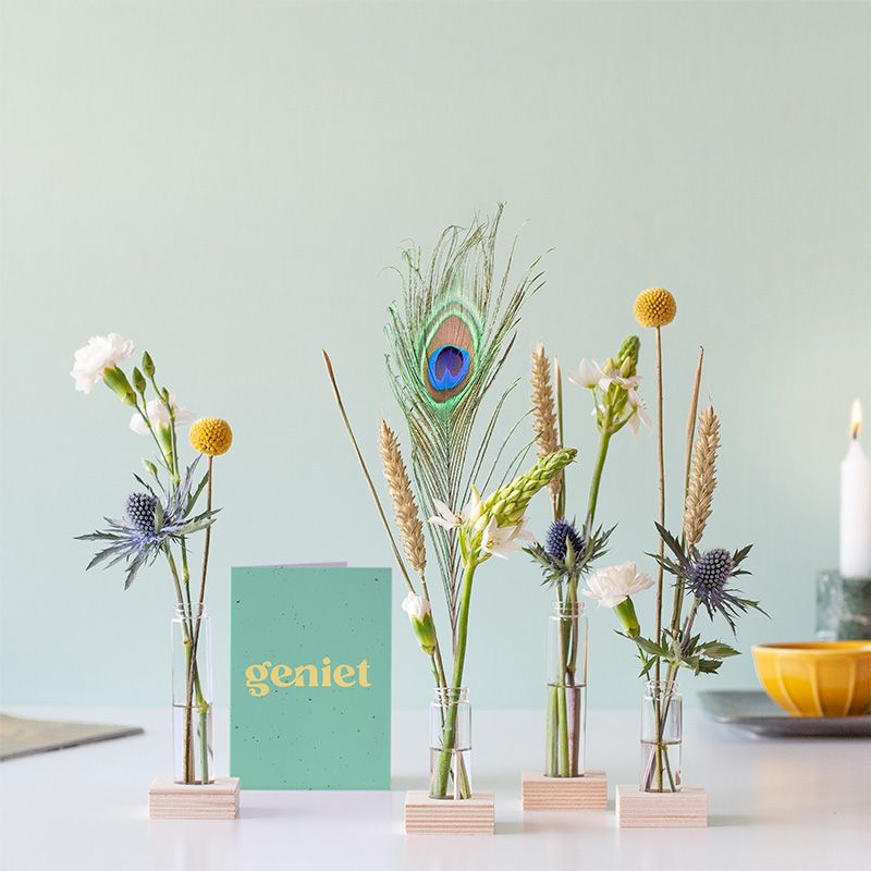 Brievenbuspakketje met vier vaasjes in houten blokjes met verschillende bloemen en een pauwenveer