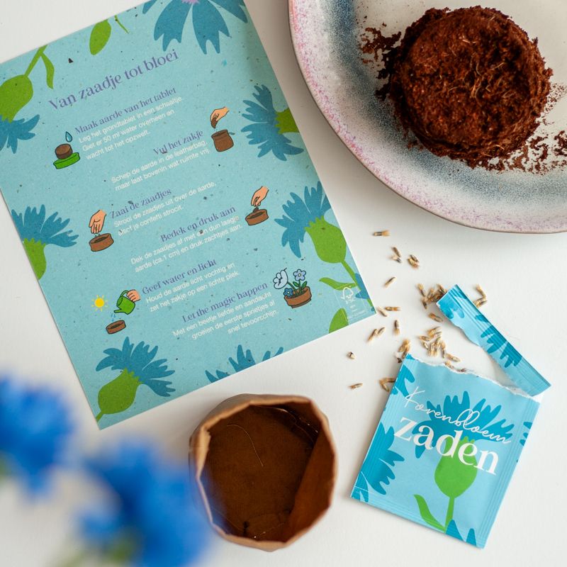 Blauw doosje met zaden van korenbloemen met de tekst kracht zaaien erop