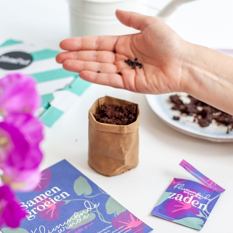 Paars doosje met Klimmende Winde zaden met de tekst samen groeien erop