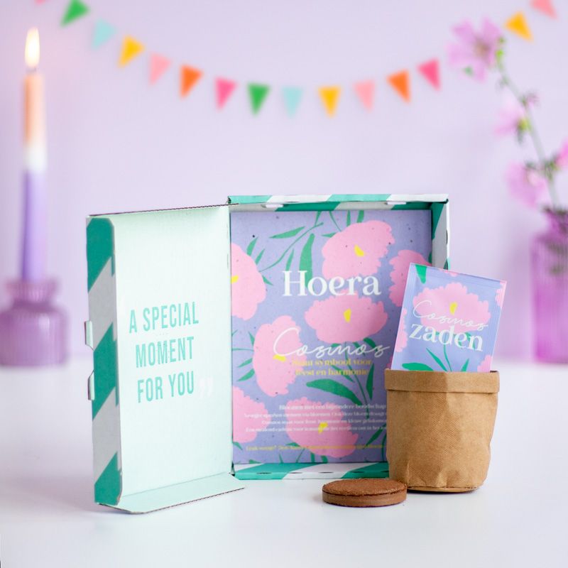 Een open brievenbusdoosje staand met een mini leren potje, een zakje Hoera zaden en een samengeperste grondtablet. Daarachter een illustratie van een Cosmea en de tekst 'Hoera!.