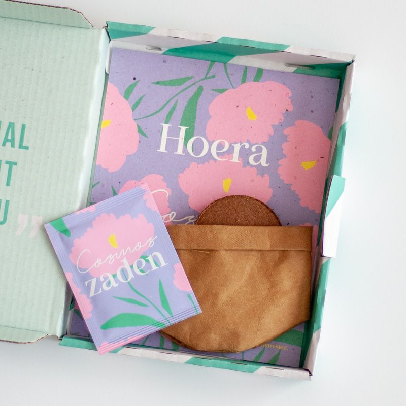 Open brievenbusdoosje met een zakje Cosmos zaden, een samengeperste grondtablet en een mini leren potje.