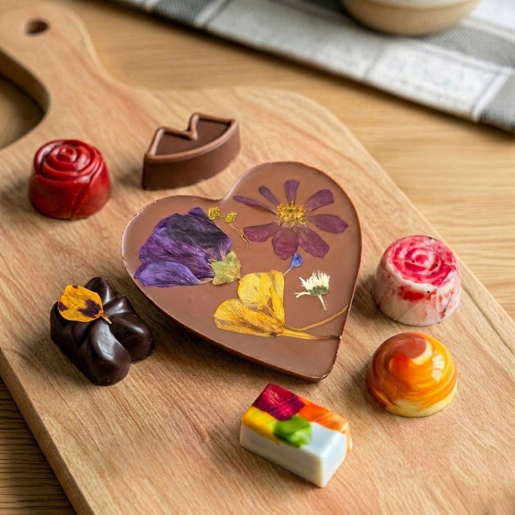 Hartjeschocolade en bonbons op houten plank