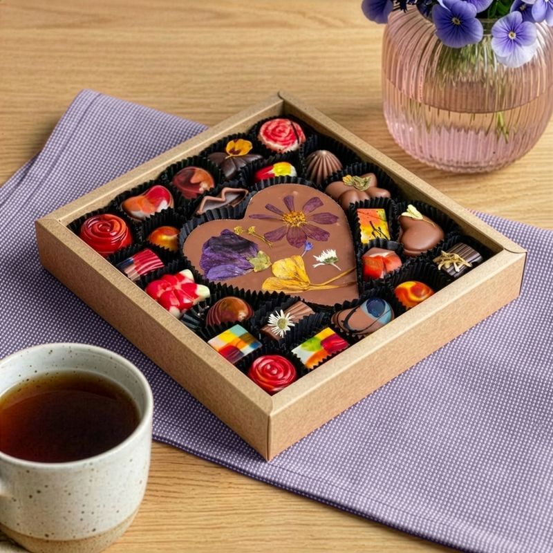 Hartjeschocolade en bonbons op houten plank