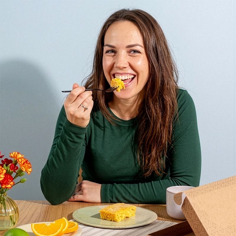vrouw eet panettone cake