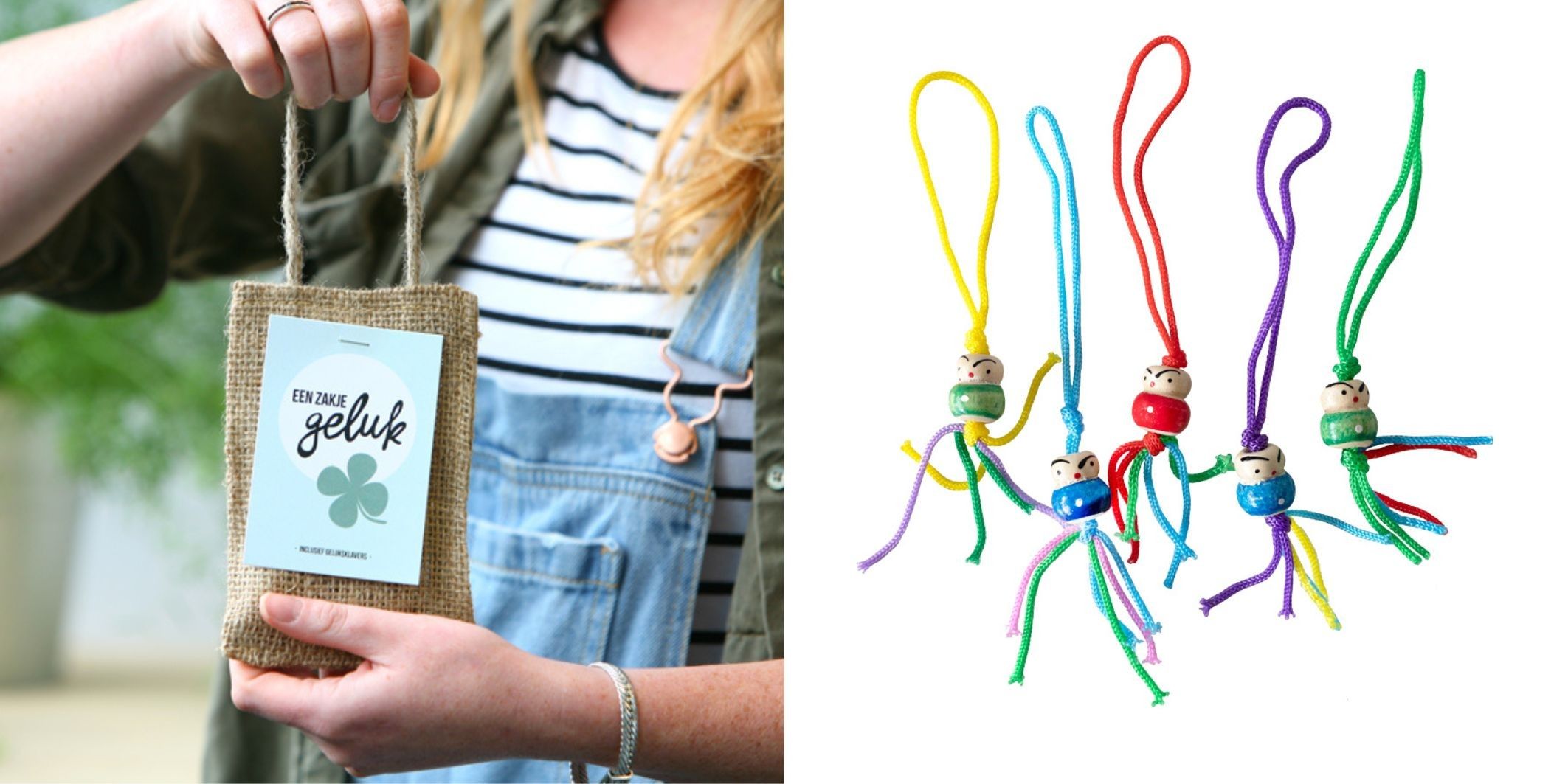 Gelukspoppetjes en jutezakje met klavertjes vier