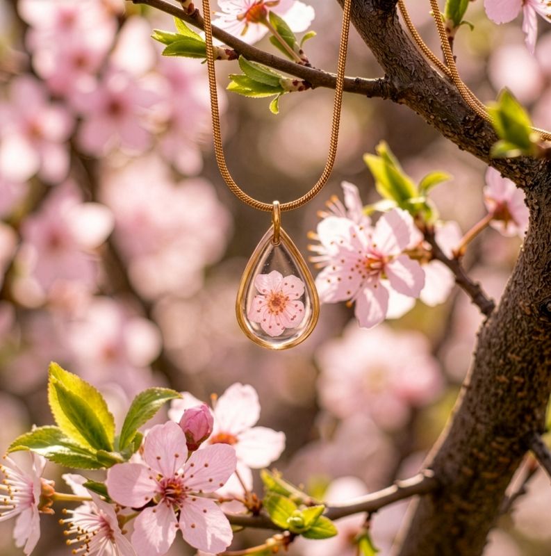 Goudkleurige halsketting met roze bloesem hanger