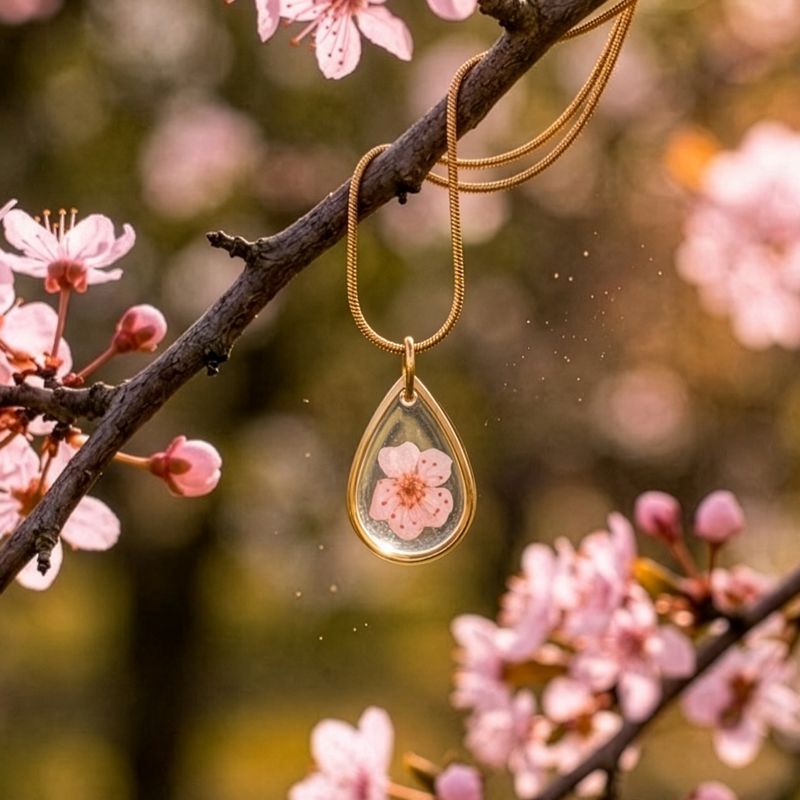 Goudkleurige halsketting met roze bloesem hanger