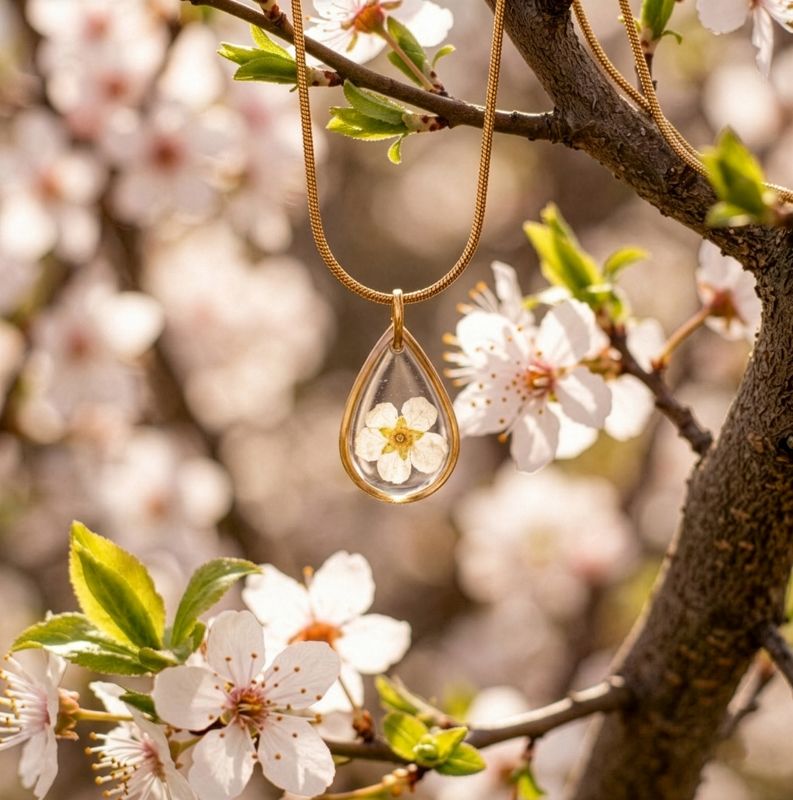 Goudkleurige halsketting met witte bloesem hanger