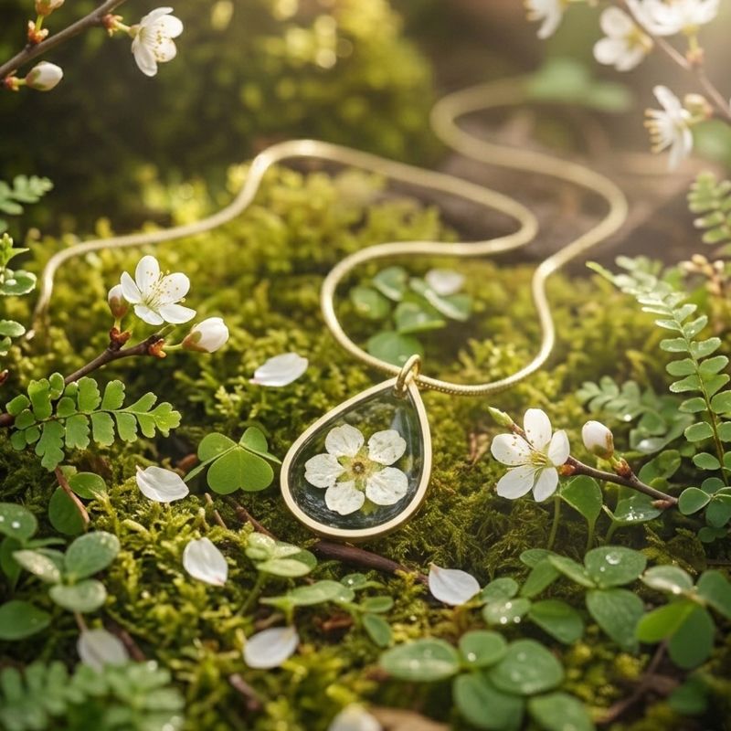 Goudkleurige halsketting met witte bloesem hanger