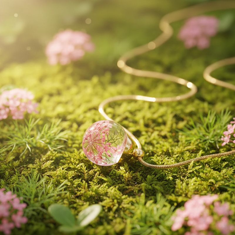 Goudkleurige halsketting met roze dille hanger