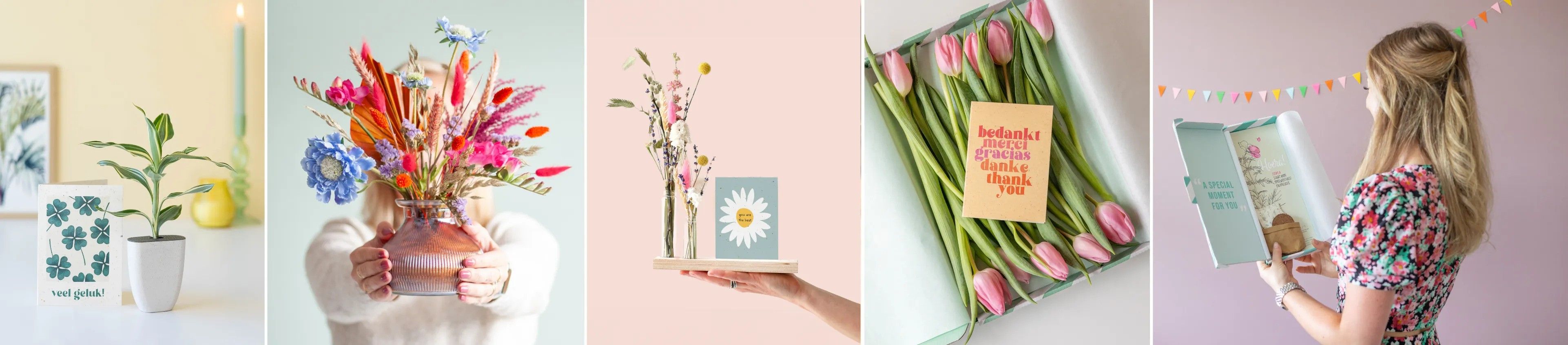 collage van verschillende brievenbus cadeaus met bloemen en droogbloemen
